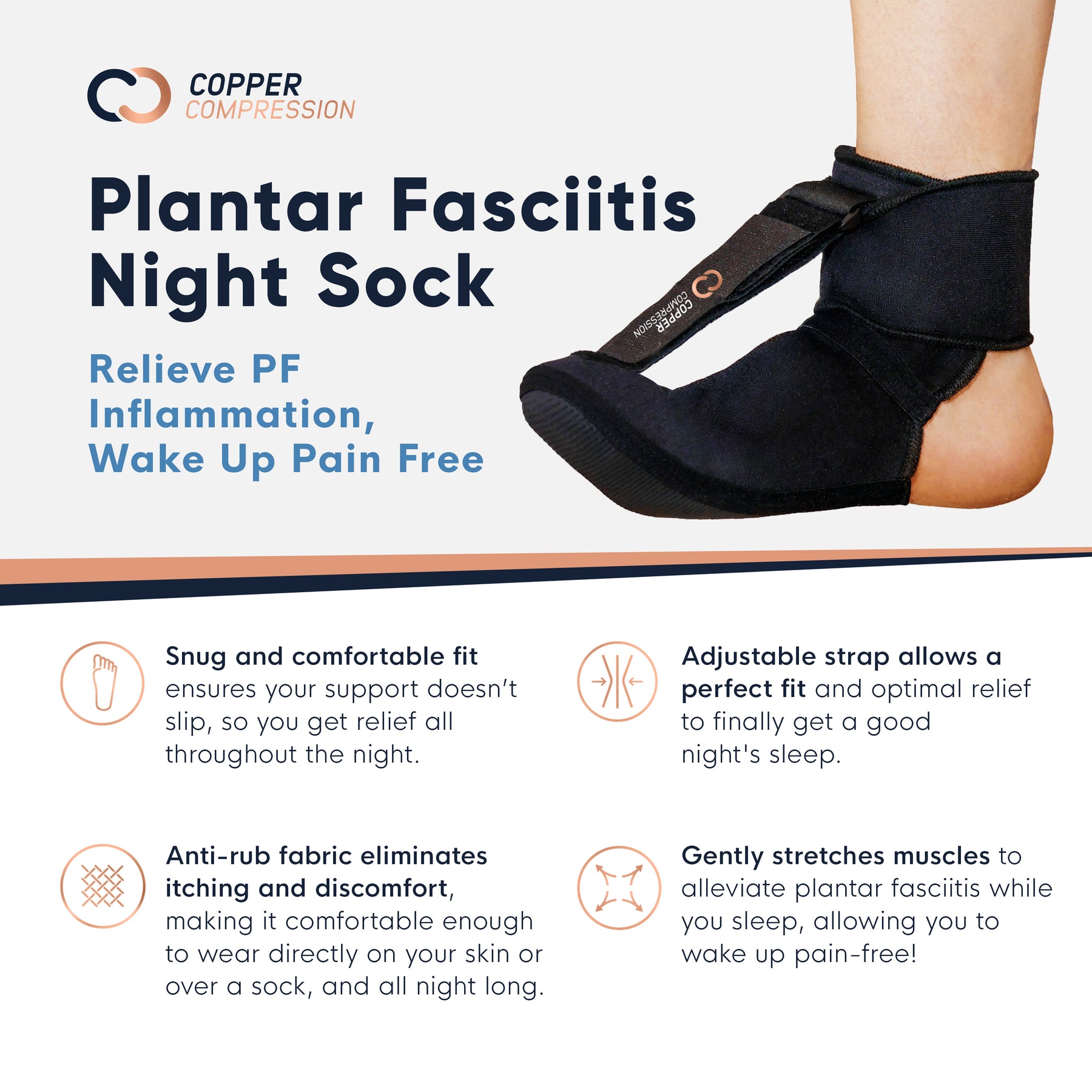 Copper-Infused Plantar Fasciitis Night Sock - Snug Adjustable Fit